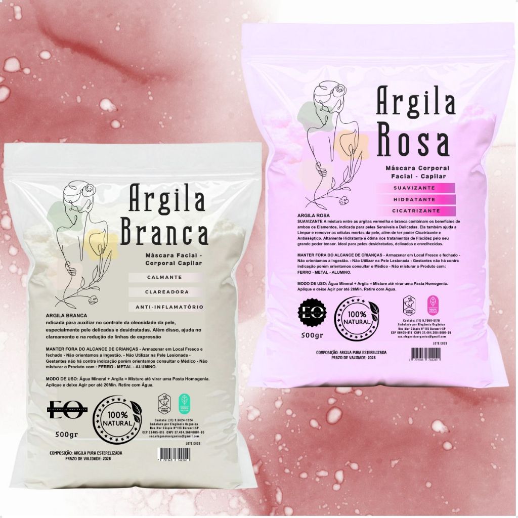 Argila Mascara Facial Branca 500g e Rosa 500g Hidratante SkinCare 100% Natural Skincare