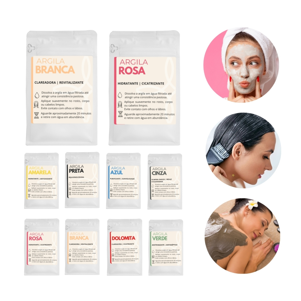 Argila Kit 10 Unidades Para Todos os Tipos de Pele 100% Natural - Para Máscara Facial, Corporal e Capilar