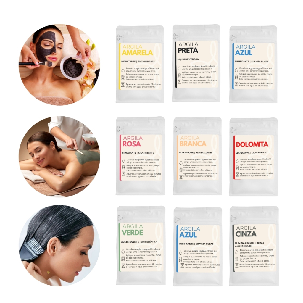 Kit Argila Pura 5 Unidades Skin Care 100% Natural Diversas Cores Mascara Facial, Corporal e Capilar