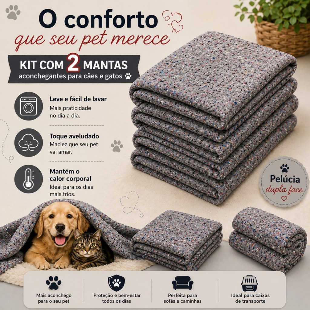 Cobertor Para Pet 2 Peças Gatos Caes Cachorro 190 X 0,70 Grosso Quentinho Resistente