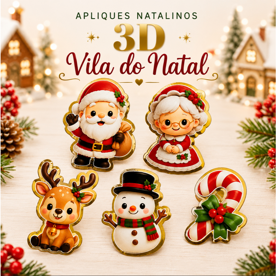 Apliques de Natal 3D 6cm Dourado Papai Noel Rena Boneco de Neve para Lembrancinhas e Caixinhas Pct 25/50/75/100 Unidades
