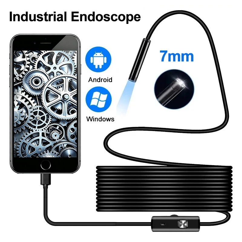 Endoscópio Tipo C Boroscópio 7mm Câmera De Inspeção HD IP67 À Prova D'água 6 LED Para Telefone Android PC Carro