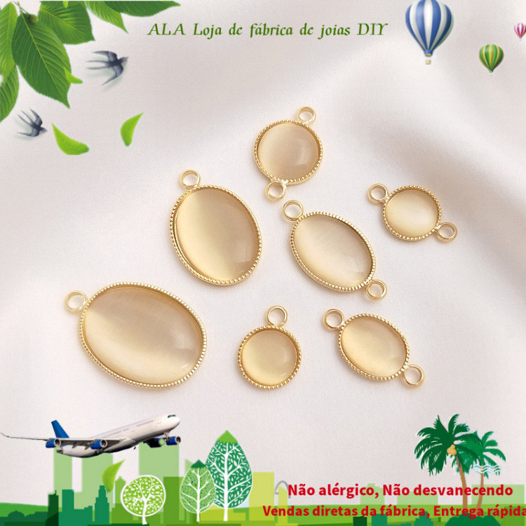 Retenção de cor 14K banhado a ouro incrustado olho de gato redondo Oval borda pingente DIY brincos pulseira acessórios d