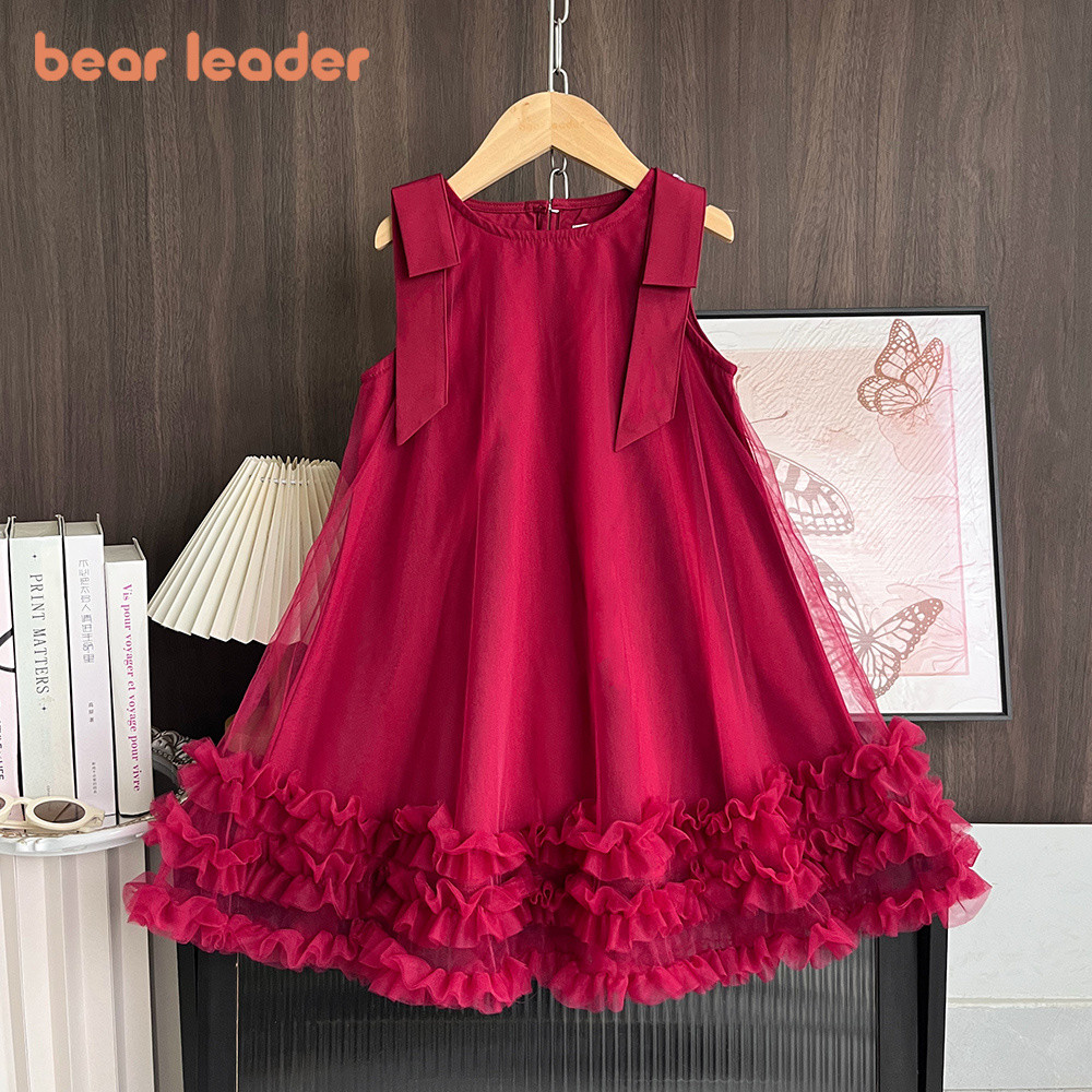 Urso Líder Vermelho Ano Novo Festa De Natal Malha Menina Vestido De Princesa Verão Sem Mangas Rendas Crianças Roupas Ver
