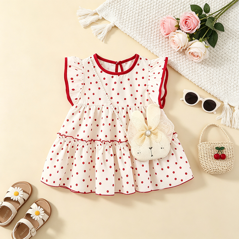 2 Pçs/Set Crianças Roupas Do Bebê Menina Vestido De Bolinhas Com Saco De Coelho Plissado Sem Mangas Criança Princesa Ver