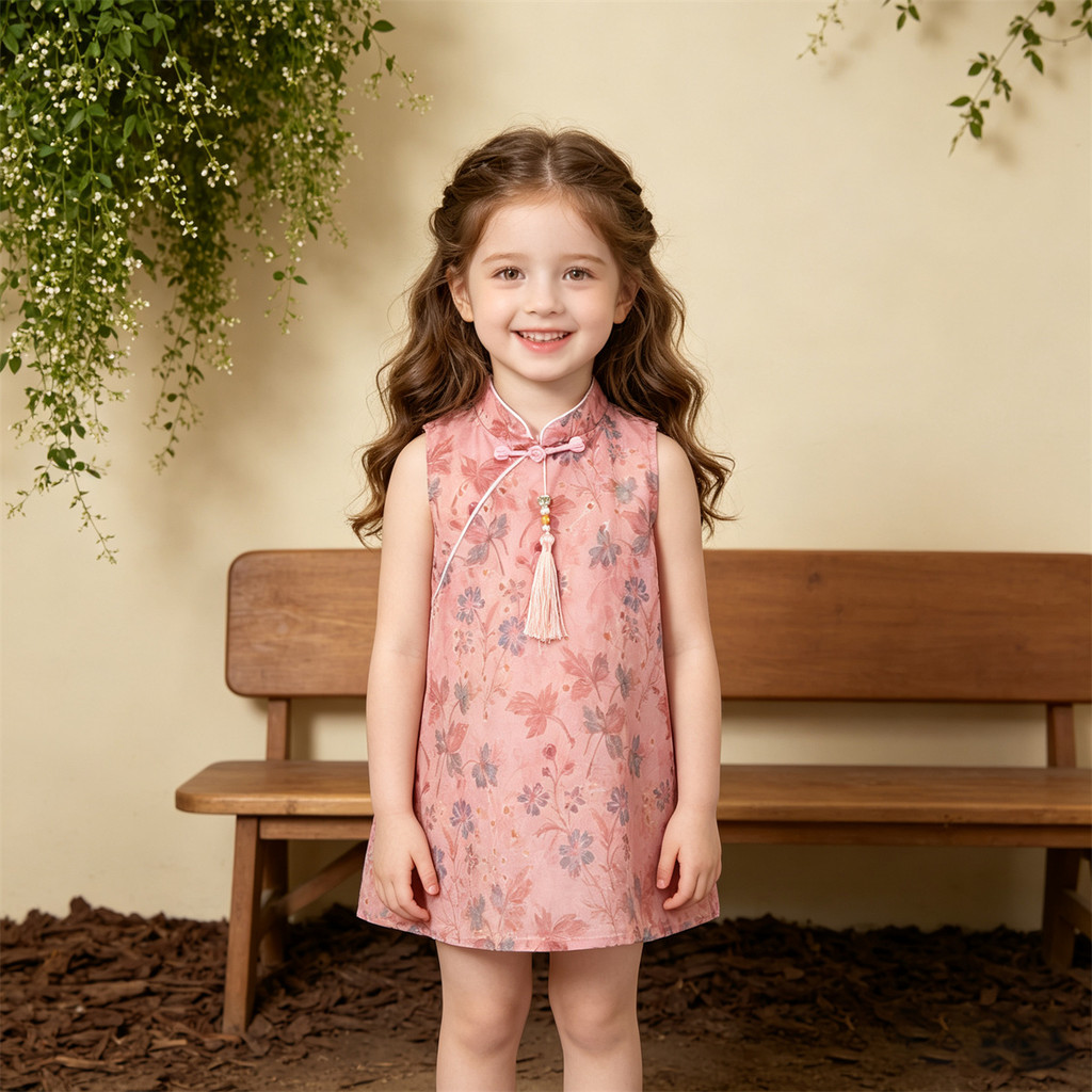 Vestido Qipao Estilo Chinês Para Meninas , Rosa , Vintage , Floral , Sem Mangas , Sapo , Botão , Borla , Infantil De Ver