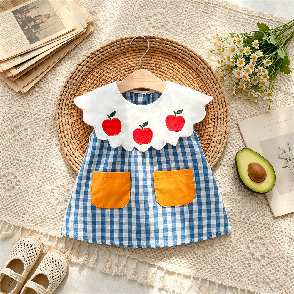 Vestido Xadrez Sem Mangas Para Bebês Meninas , Gola Grande Recortada , Apliques De Maçã , Bolso Duplo , Linha A , De Ver