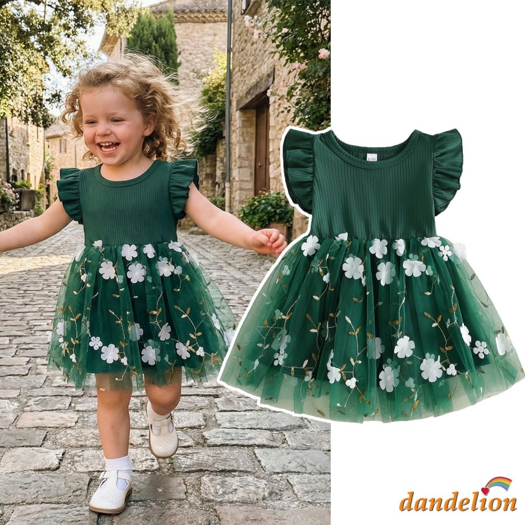 Vestido De Tule Para Bebês Meninas , Flor Bordada , Manga Esvoaçante , Gola Redonda , Linha A , Vestidos De Princesa Ver