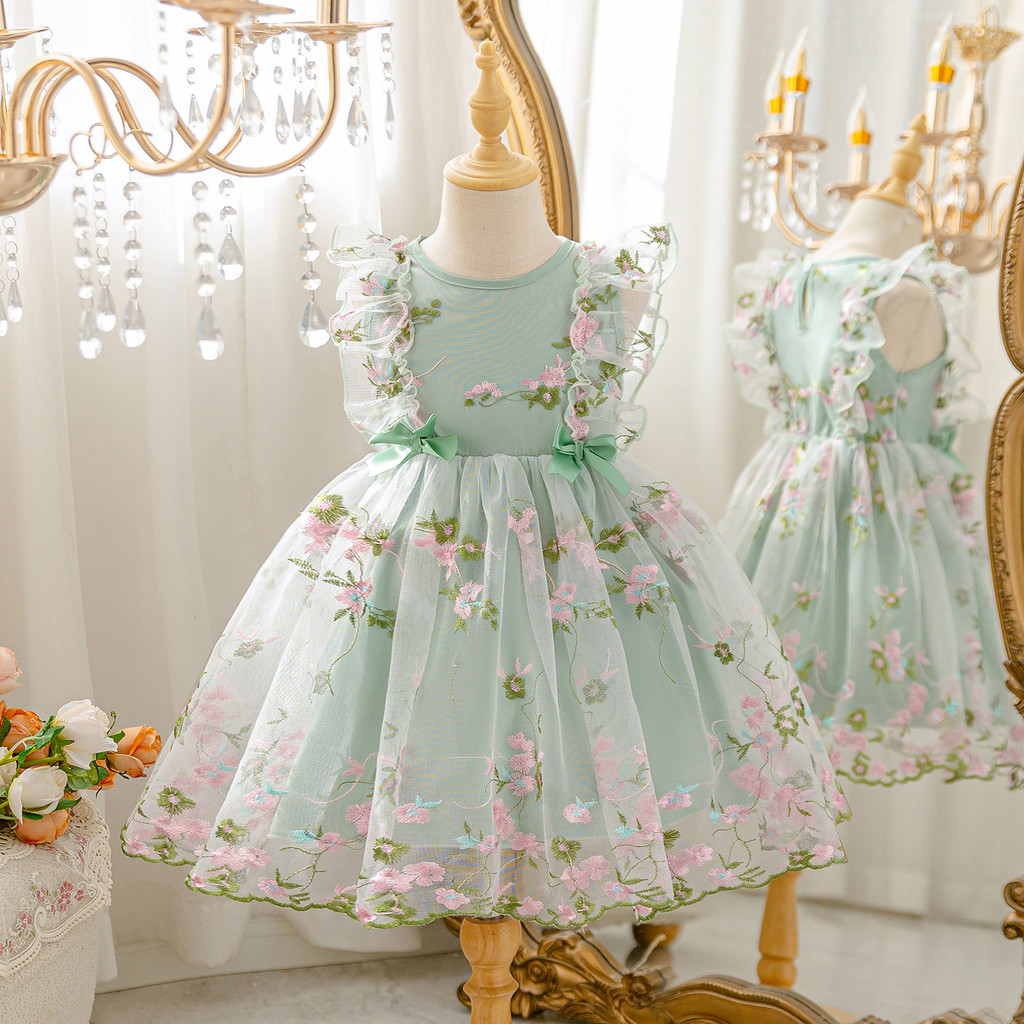 Menina 3-8 Anos De Idade Flor Bordado Tule Vestido De Festa De Aniversário Babados Bordas Sem Mangas Saia Evasê Doce Ver