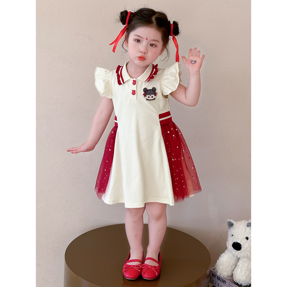 Meninas Nezha vestido na moda 2026 novo estilo roupas infantis saia POLO meninas Casual retalhos gaze saia roupas de ver