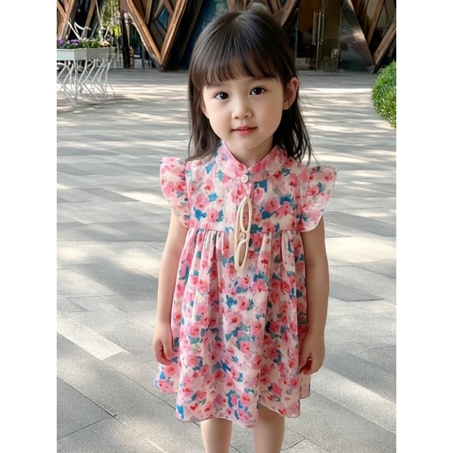 Meninas moda bonito vestido Floral crianças a linha saia bebê manga voadora doce fino vestido de princesa vestido de ver