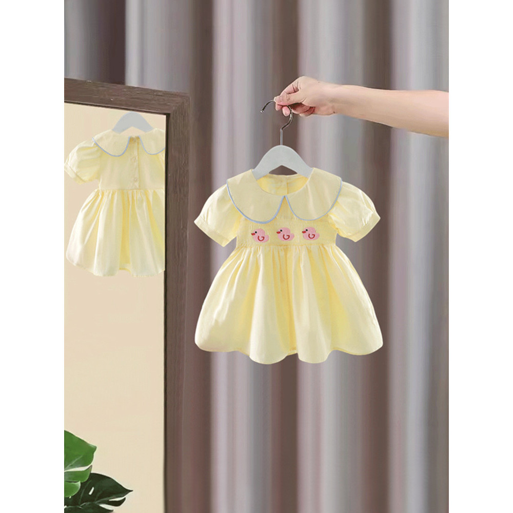 Meninas vestido de verão estilo ocidental bebê menina puro algodão pano saia bonito pato bordado vestido de princesa ver