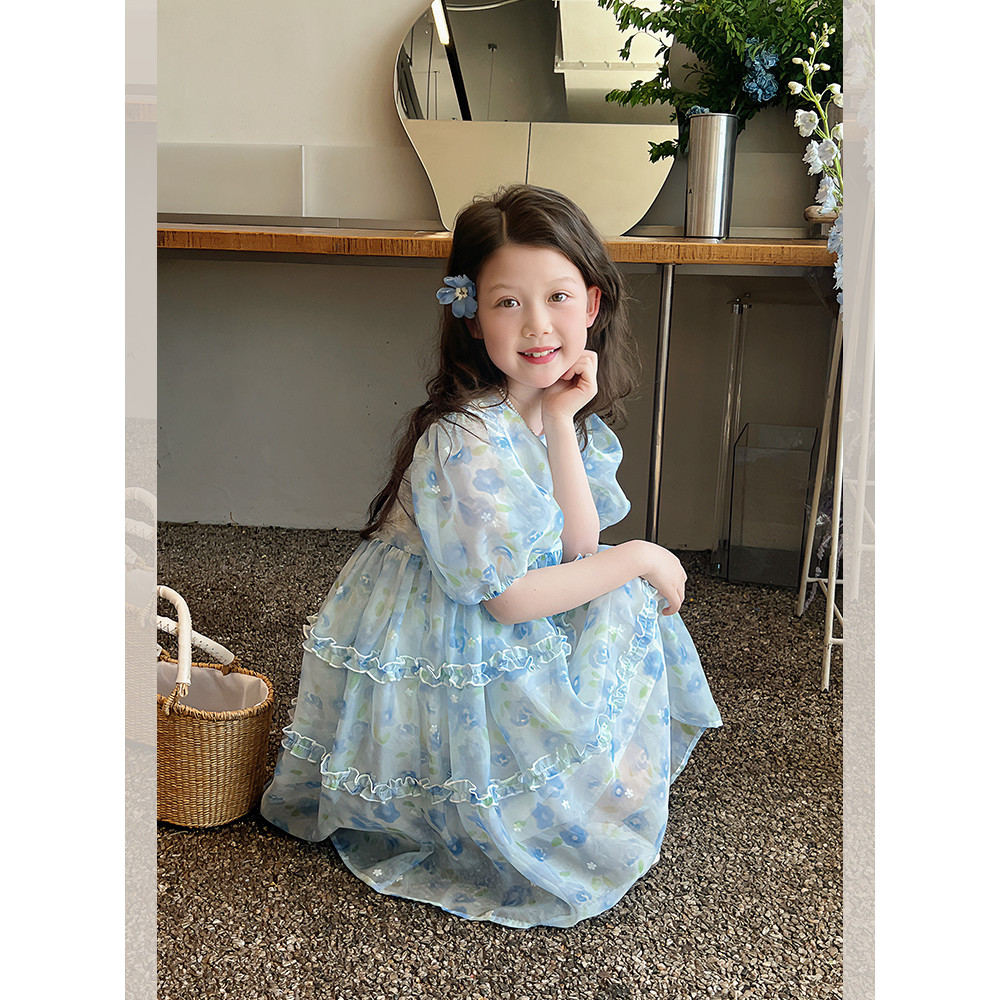 Meninas vestido de gaze crianças moda meninas de manga curta Floral vestido de princesa grandes roupas infantis 2026 ver