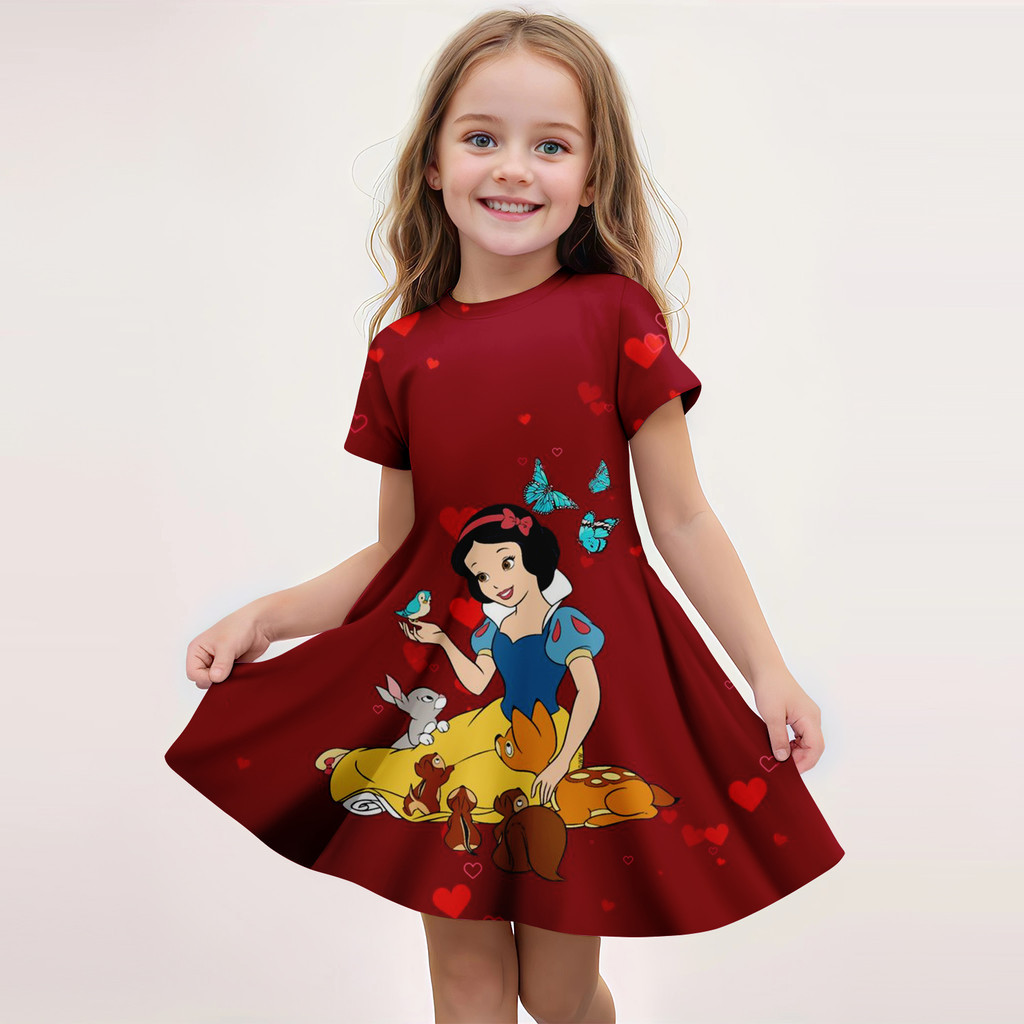 Vestido De Manga Curta De Princesa De Desenho Animado Para Meninas , Estampa 3D De Personagem Fofo , Roupa Casual De Ver