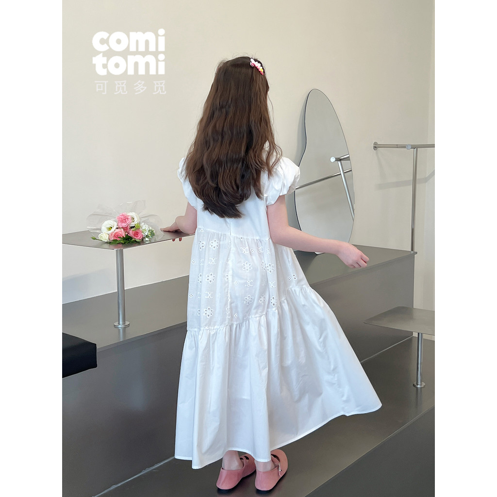 Meninas estilo ocidental saia branca grandes crianças vestido de manga curta crianças rendas saia longa meninas 2026 ver