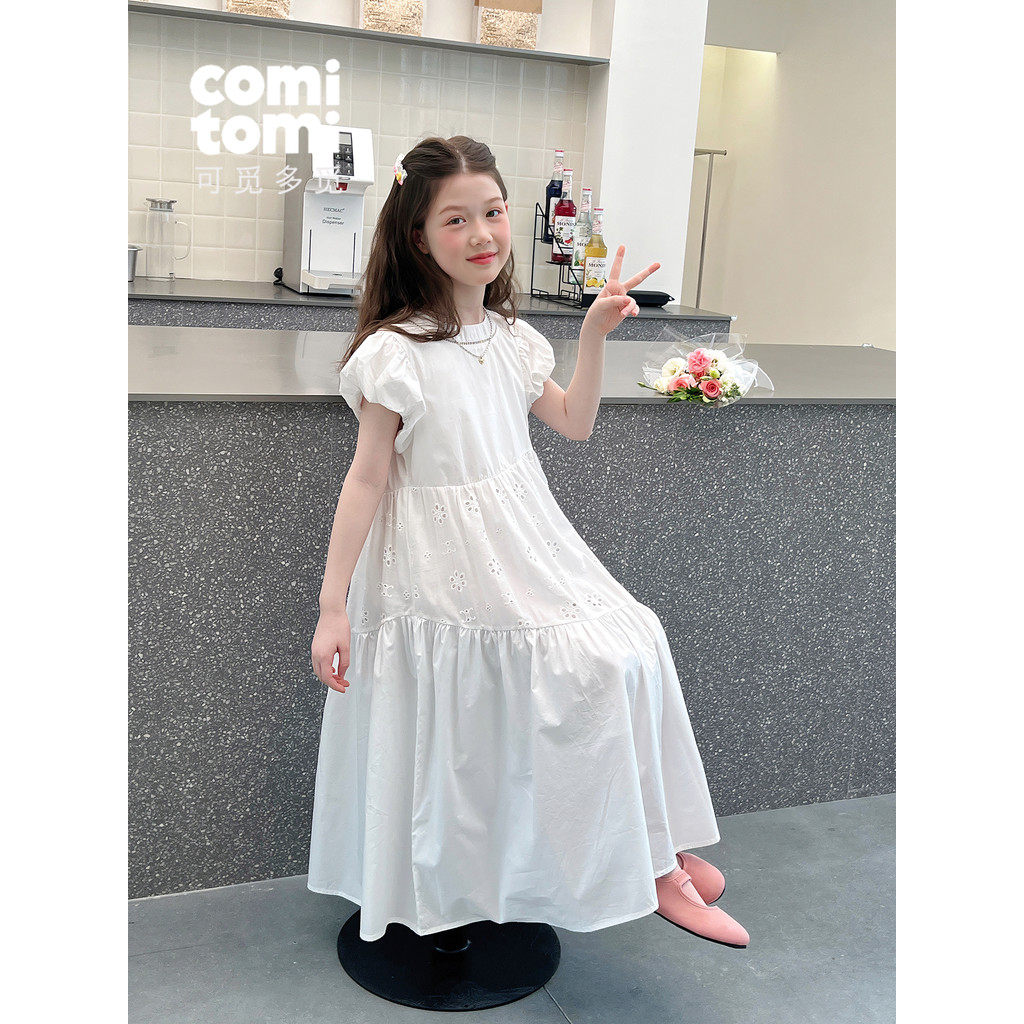 Meninas estilo ocidental saia branca grandes crianças vestido de manga curta crianças rendas saia longa meninas 2026 ver