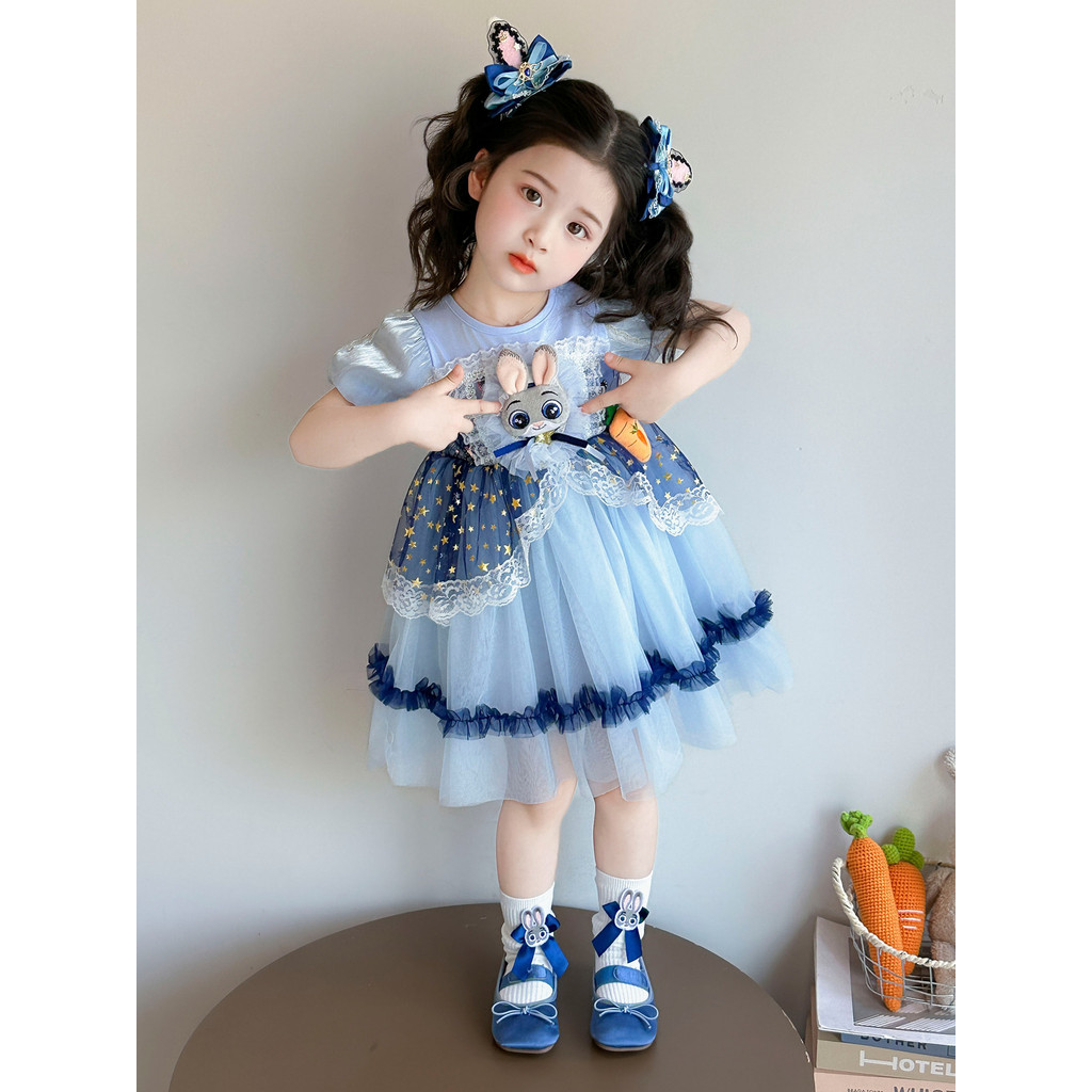 Coelho policial policial meninas vestido de verão 2026 novo estilo infantil gaze vestido de princesa bebê vestido de ver