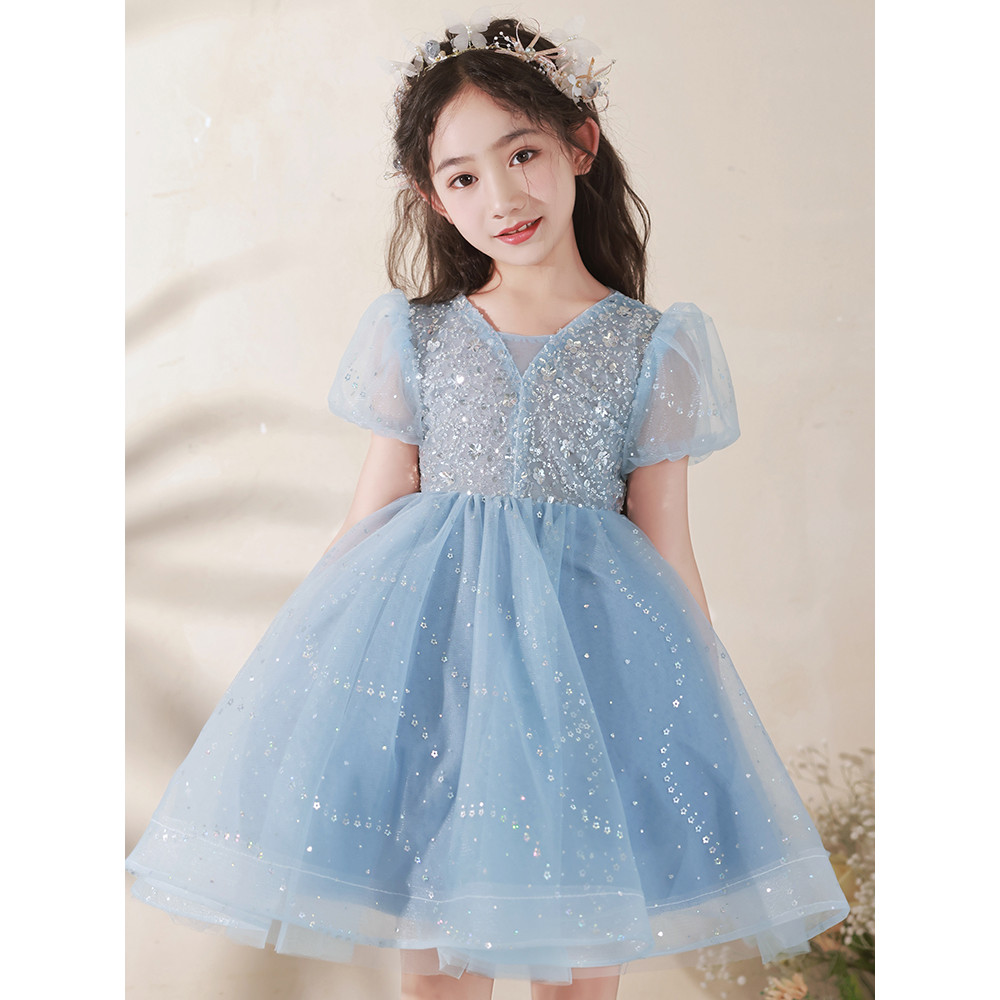 Luz azul luxo nicho High-End vestido infantil meninas vestido de princesa anfitrião passarela Piano desempenho traje ver