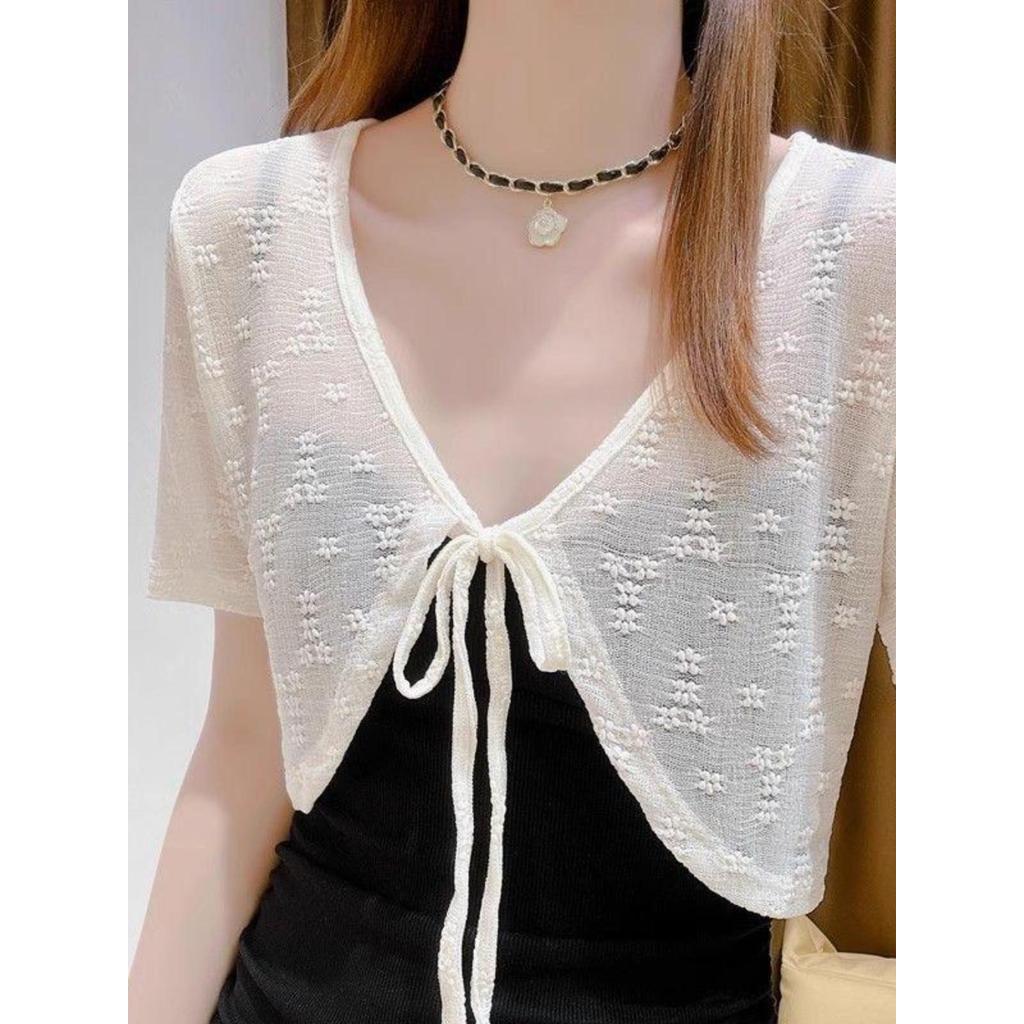 Renda xale verão combinando saia estilo fino Suspender saia exterior de manga curta Cardigan protetor solar de seda gelo