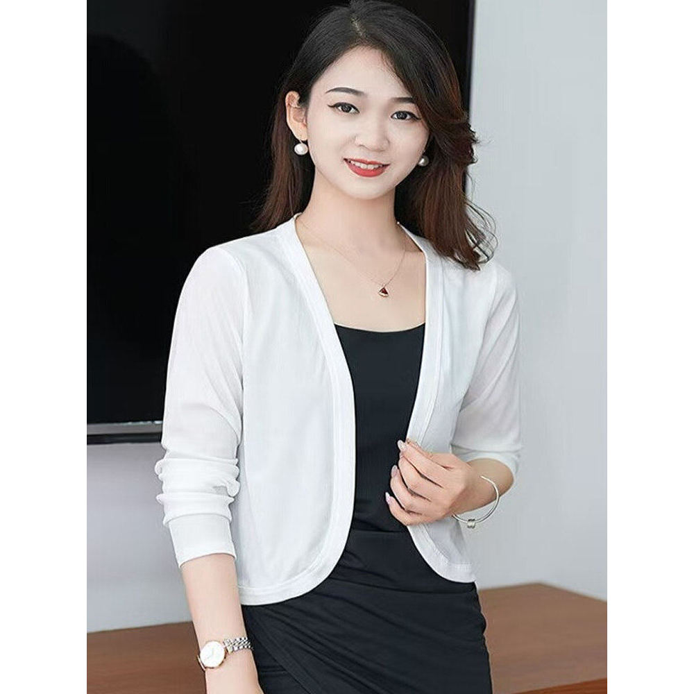 Protetor solar de seda gelo Cardigan feminino verão combinando Suspender saia exterior curto fino jaqueta moda xale ar c