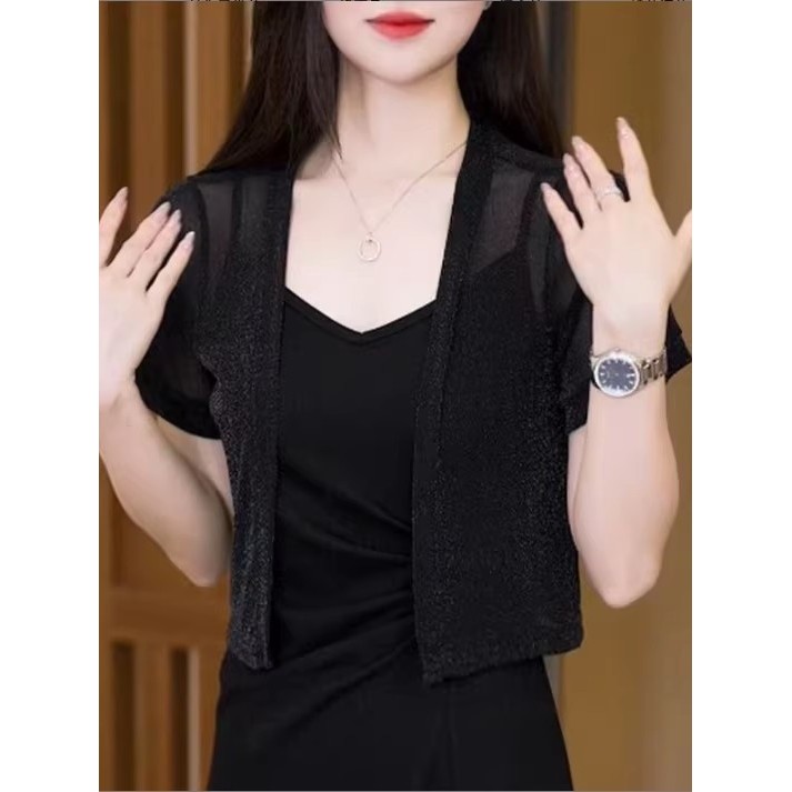 Verão pequeno xale com saia Suspender exterior combinando feminino curto gaze meia manga Cardigan blusa colete fino