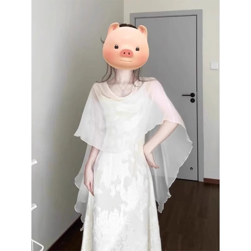Irregular gelo seda protetor solar roupas femininas verão combinando Cheongsam Suspender saia exterior pequeno xale tule