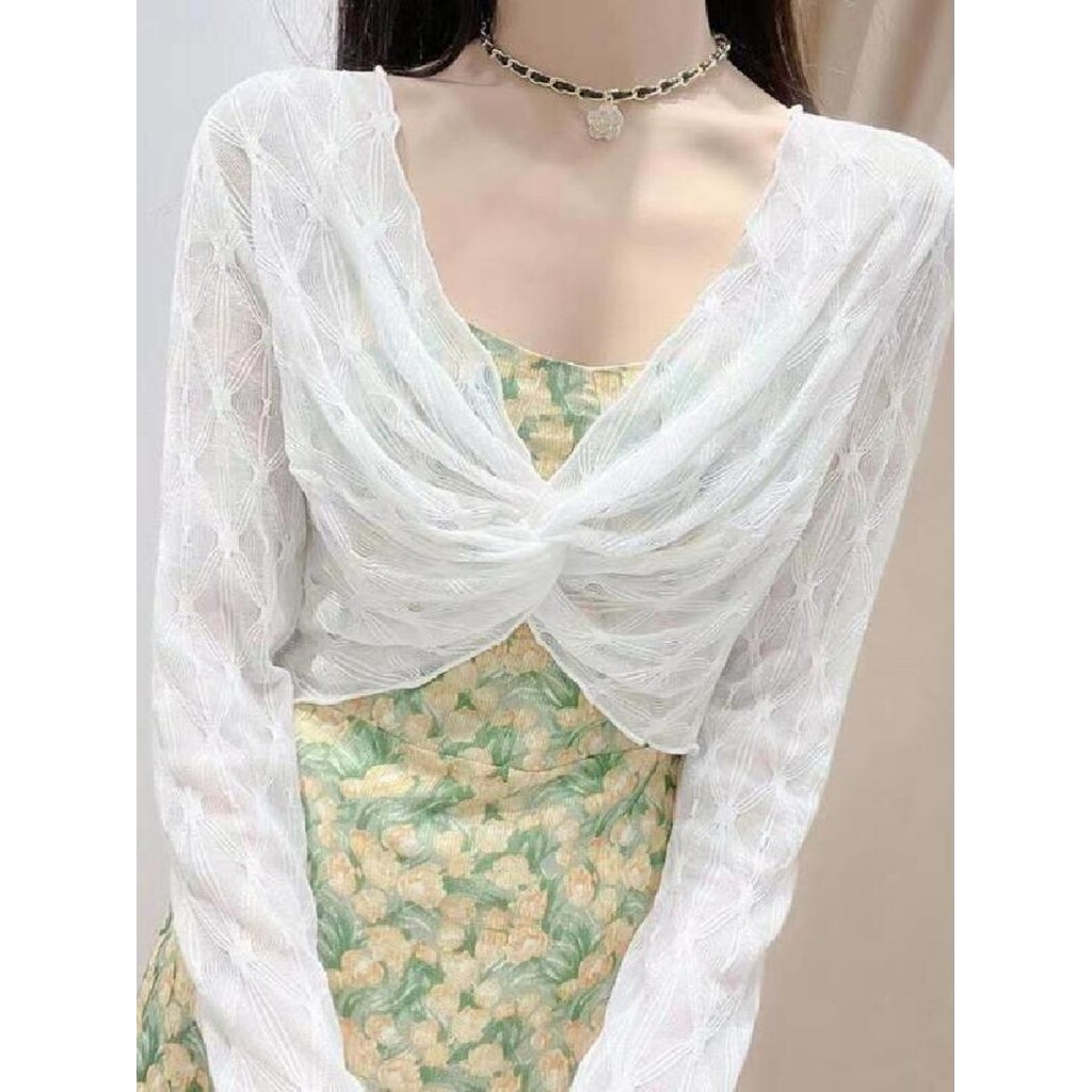 Protetor solar xale blusa externa gaze estilo curto All-Match Suspender saia estilo fino casaco renda gaze feminino oco