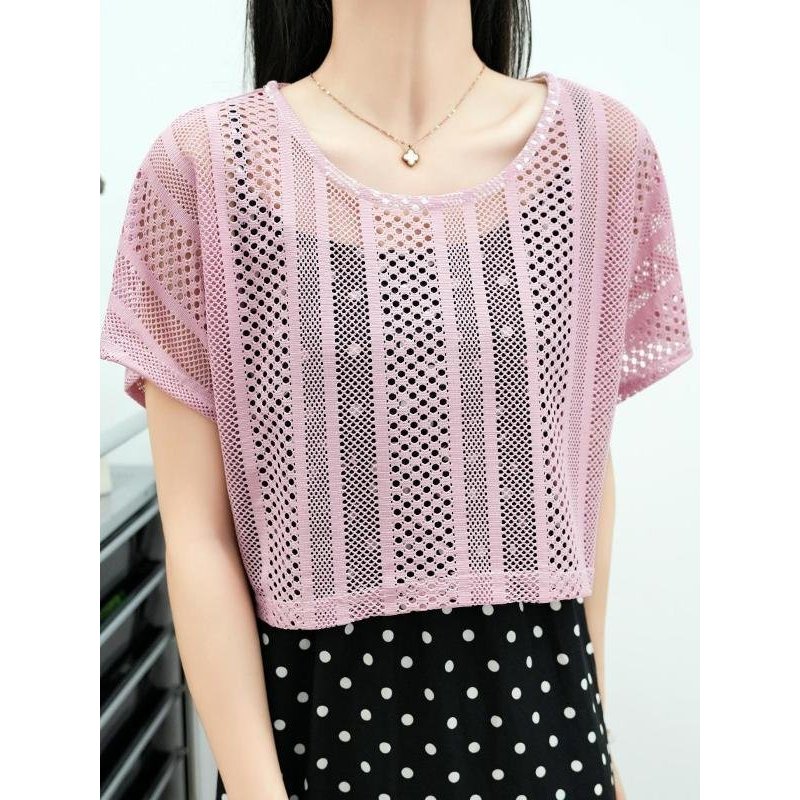 Suspender saia blusa de manga curta renda verão fino estilo curto oco topo pulôver xale solto verão protetor solar