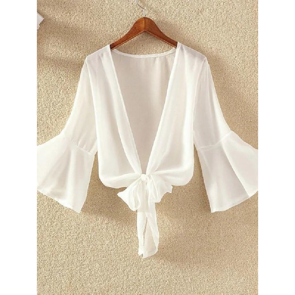 Chiffon pequeno xale verão curto exterior combinando Suspender saia jaqueta fina Cardigan de manga curta protetor solar