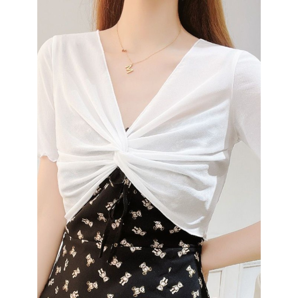 Camisa de fundo de renda feminina verão malha xale feminino combinando saia Suspender blusa exterior colete de seda gelo