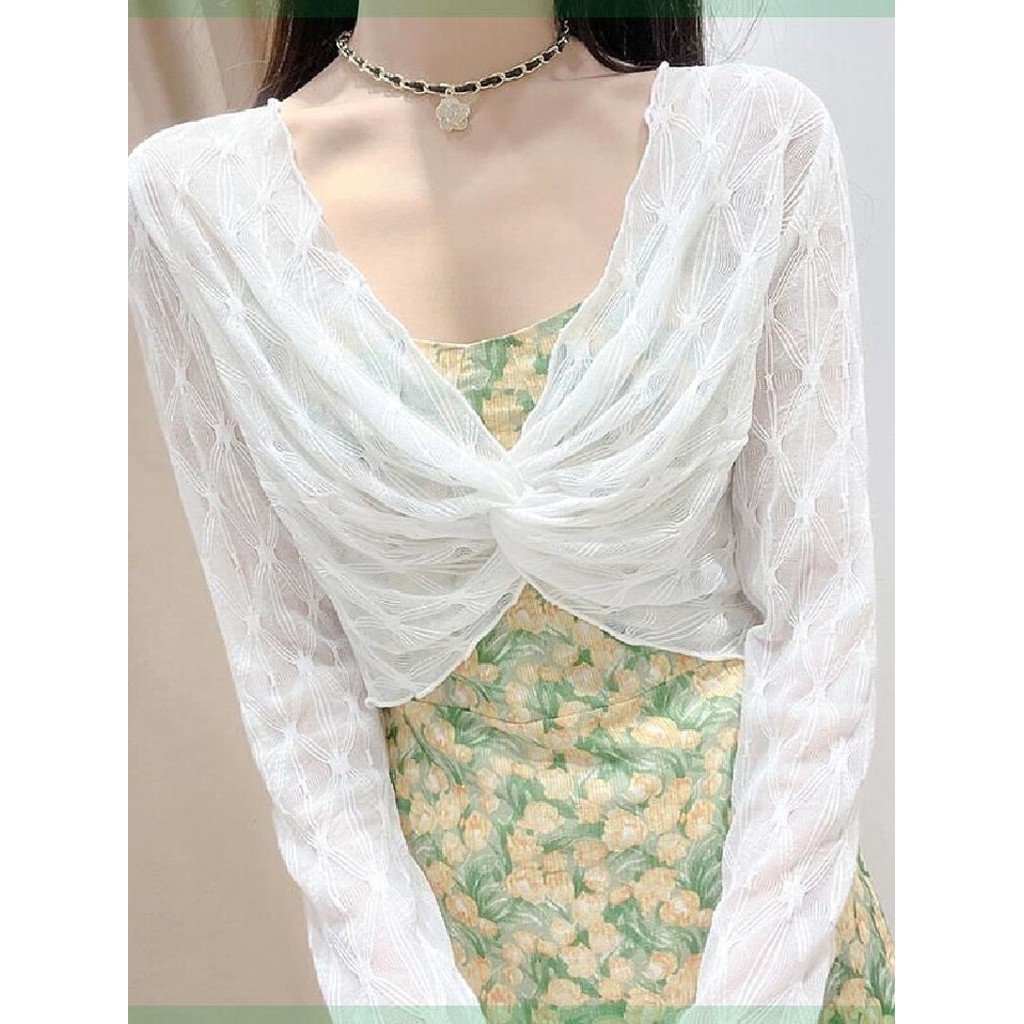 Protetor solar xale renda camisa de fundo feminina verão Suspender saia blusa exterior gaze curta oco gaze topo fino