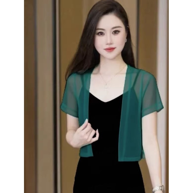 Colete pequeno de manga curta Top feminino malha Cardigan Suspender saia exterior xale verão com saia protetor solar blu