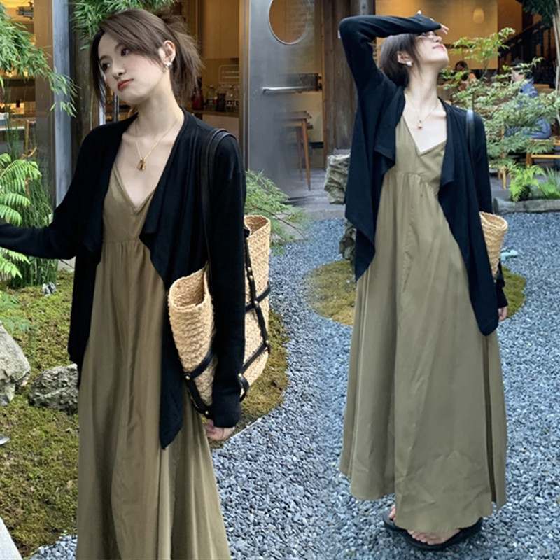 Terno de maternidade chá Break francês com decote em V Suspender saia Cardigan xale primavera verão novo estilo High-End
