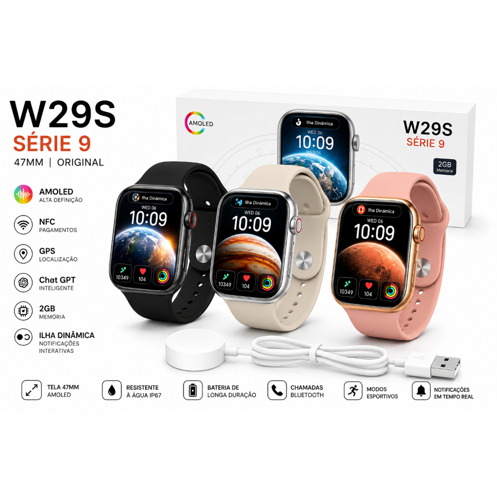 Smartwatch Masculino  W29S Série 9 47mm Original NFC GPS 2GB ChatGPT Ilha Dinâmica