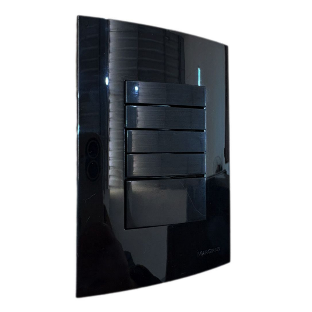 Conjunto Placa 4x2 com 5 Teclas interruptores 1/2 simples embutir parede Sleek Ebony Preto Brilhante MarGirius