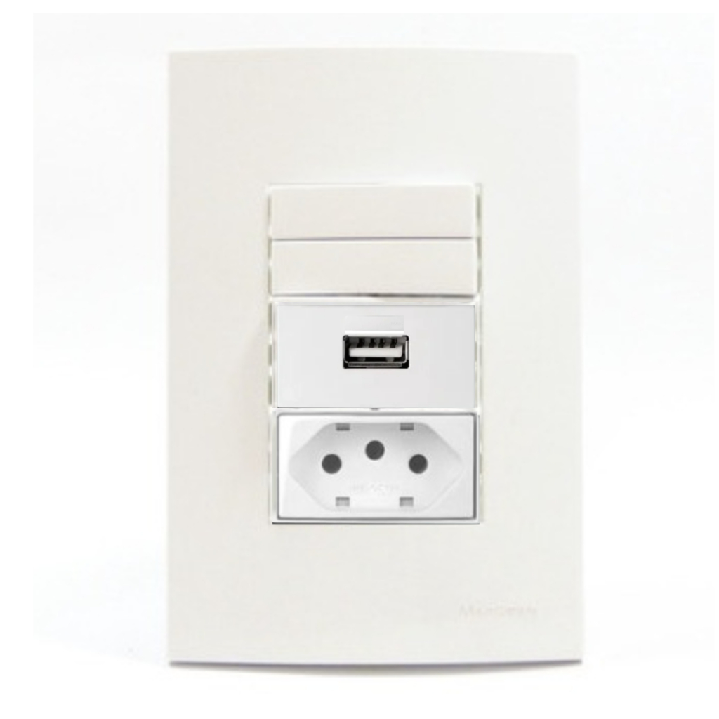 Conjunto placa 4x2 com 2 teclas simples + 1 tomada USB + 1 tomada 20A sleek Branco Margirius
