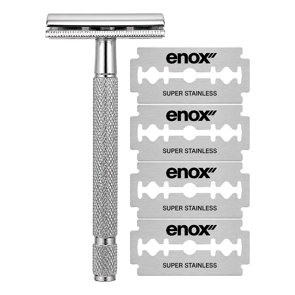 Kit Aparelho de Barbear Barbeador Clássico Vintage com 4 Lâminas Aço Inox Super Enox
