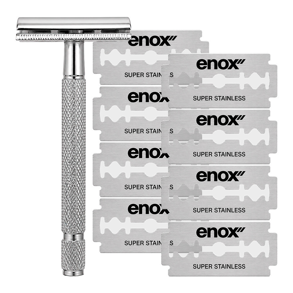 Kit Aparelho de Barbear Barbeador Clássico Vintage com 8 Lâminas Aço Inox Super Enox