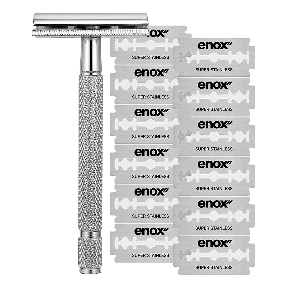 Kit Aparelho de Barbear Barbeador Clássico Vintage com 12 Lâminas Aço Inox Super Enox