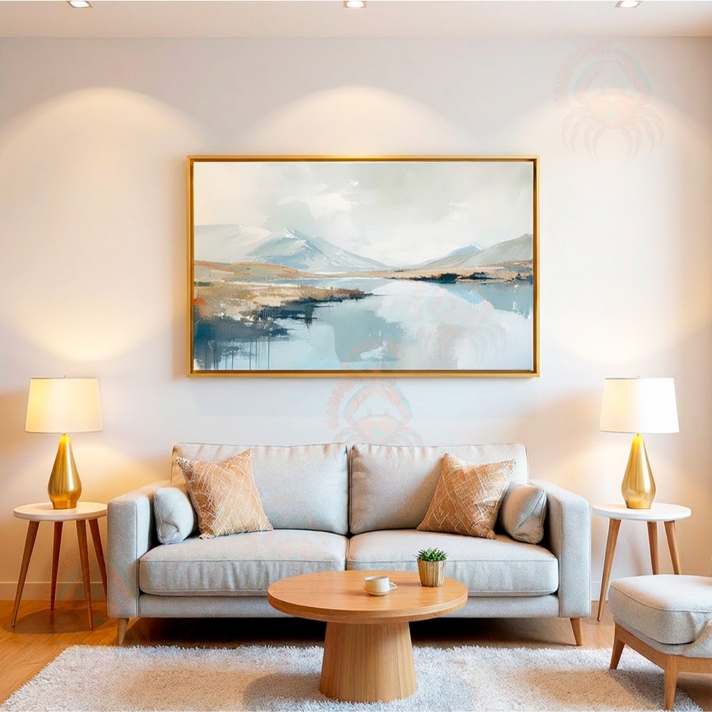 Quadro Paisagem Abstrata – Montanhas e Lago em Tons Suaves, Arte Contemporânea