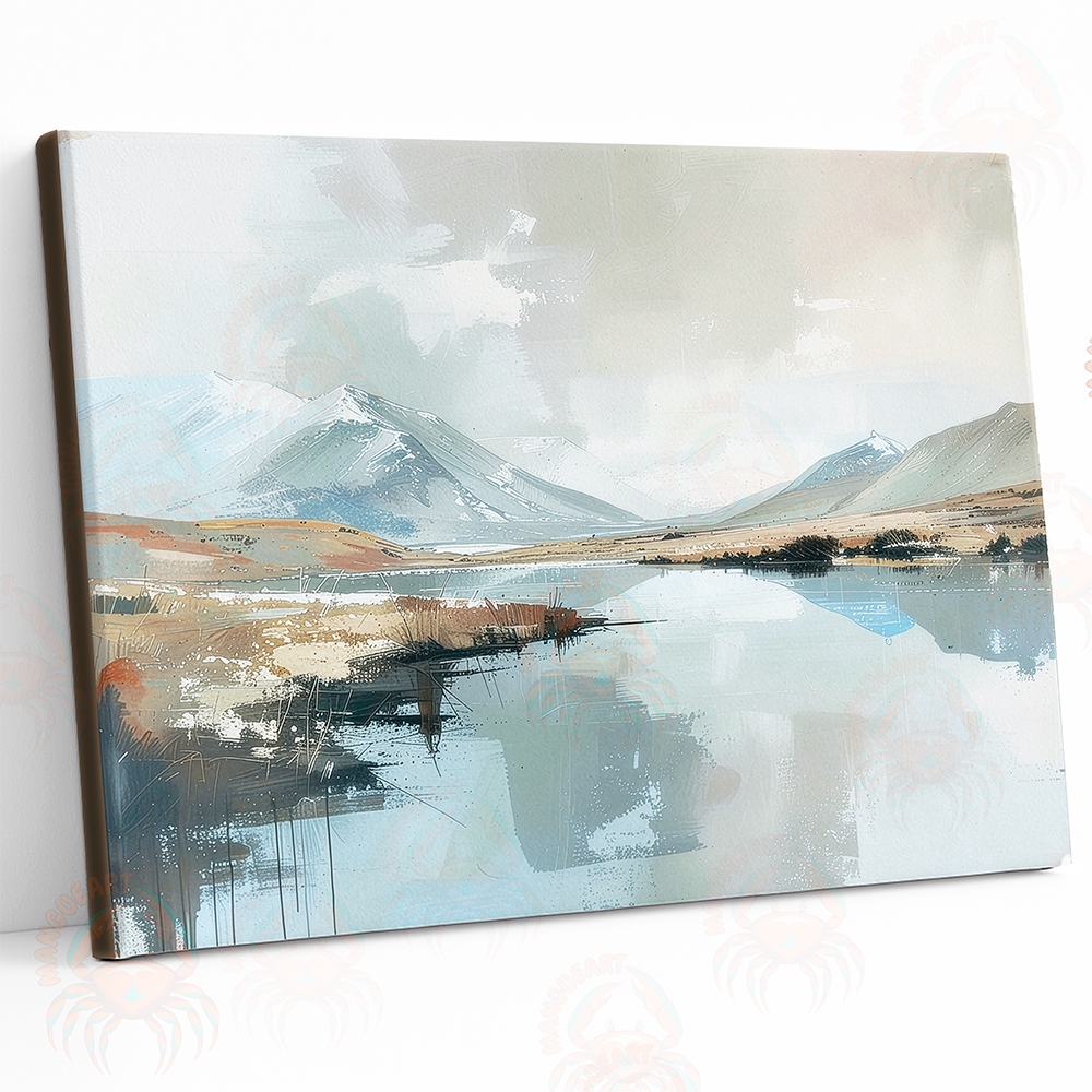 Quadro Paisagem Abstrata – Montanhas e Lago em Tons Neutros, Arte Contemporânea Minimalista tela acetinada