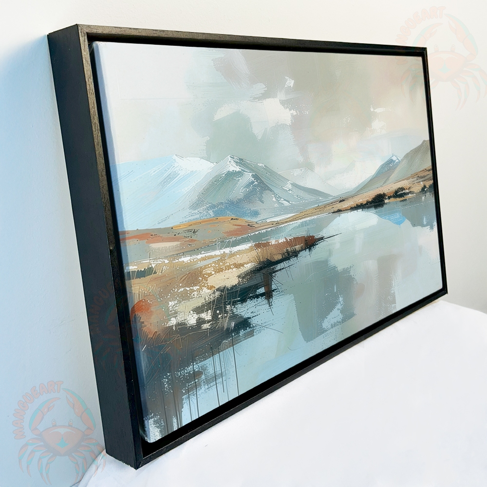 Quadro Paisagem Abstrata – Montanhas e Lago em Tons Suaves