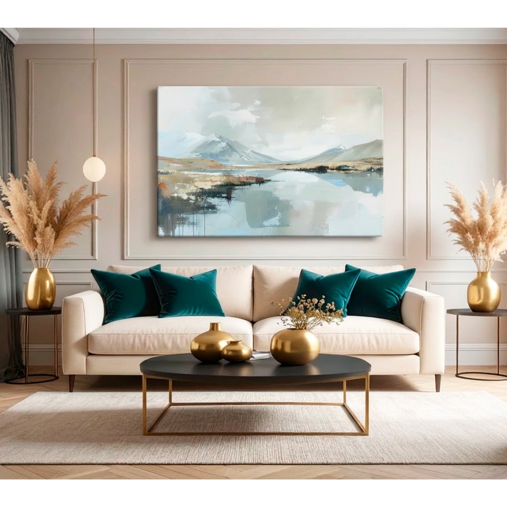 Quadro Paisagem Abstrata – Montanhas e Lago em Tons Suaves