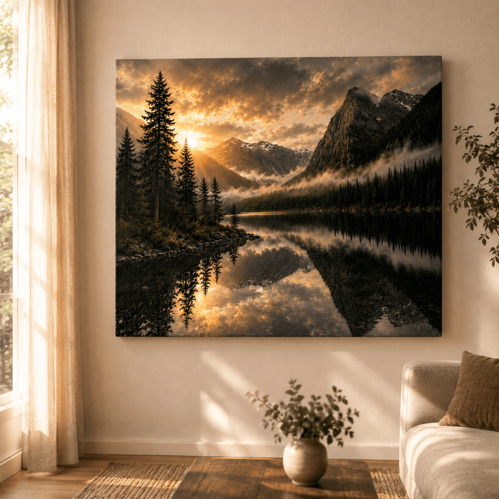 Quadro Decorativo Paisagem Natureza Montanhas Lago Por Do Sol Paisagem Grande Para Sala Quarto 70x60