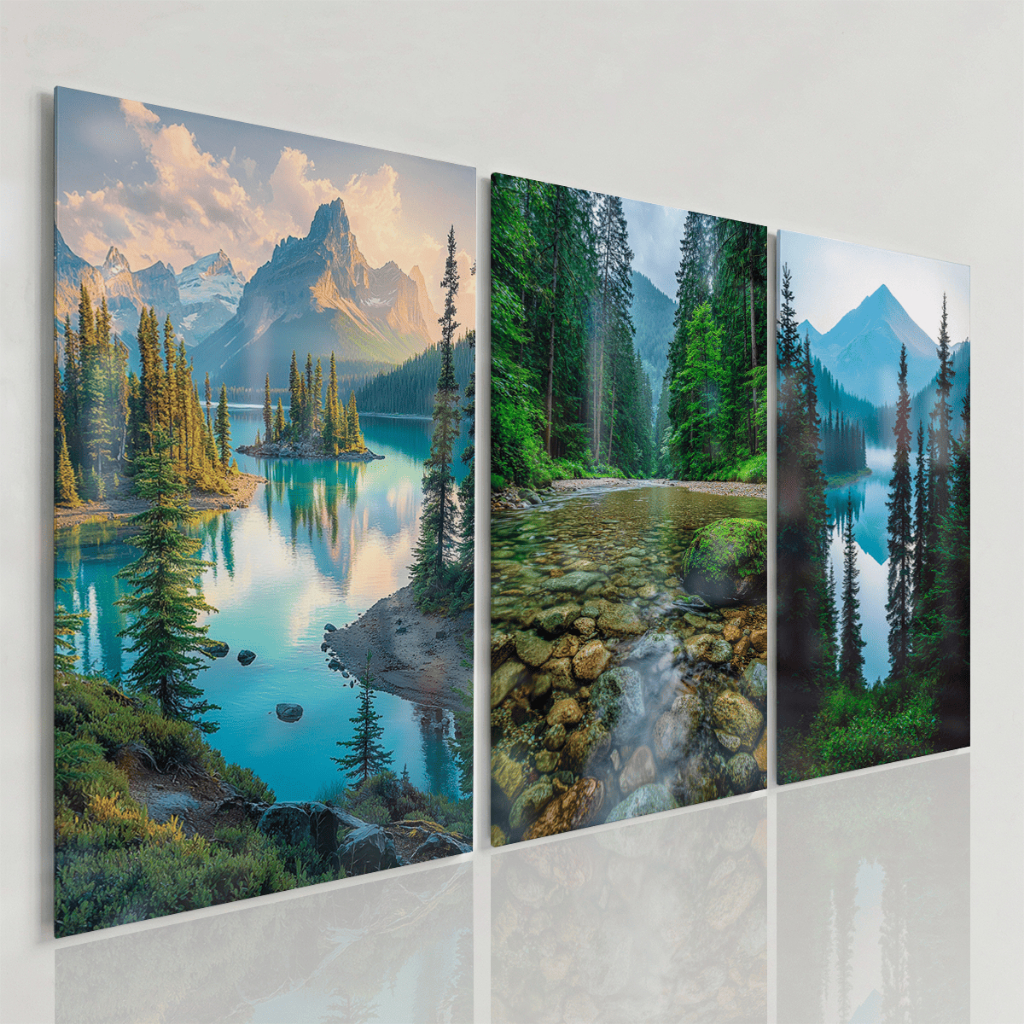 Quadros Decorativos Paisagem Natural Montanhas Lago Floresta Natureza Kit 3 Peças Sala Moderna Relaxante HD