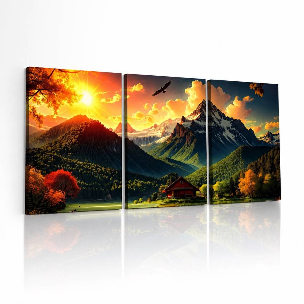 Quadro Decorativo 3 peças Montanha ao Pôr do Sol Paisagem Natureza com Cabana e Lago