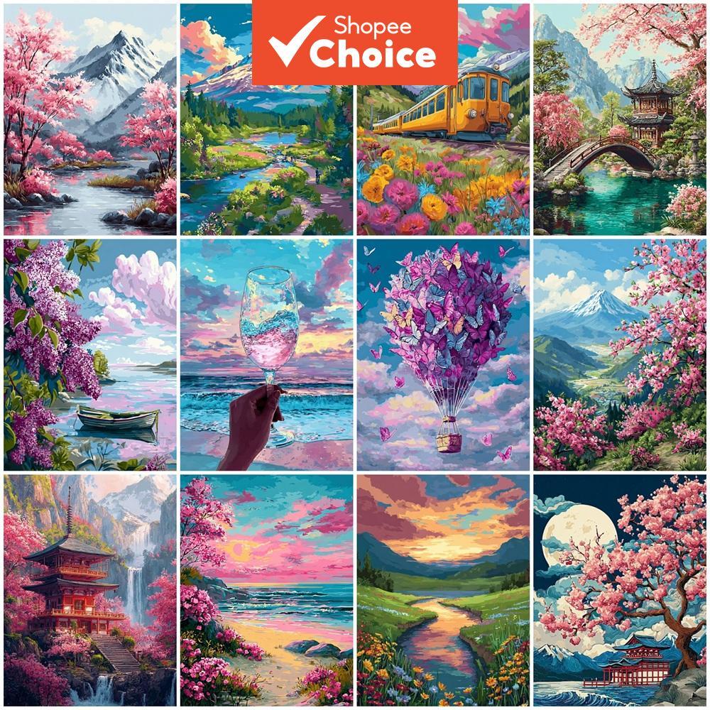 Pintura a óleo por números montanha árvore flor de cerejeira mar lago paisagem balão de ar quente borboleta cenário de