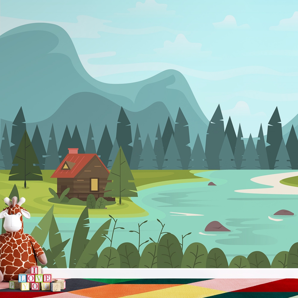 Papel de Parede Infantil Paisagem Natural – Lago, Floresta e Montanhas🏕️🌲⛰️