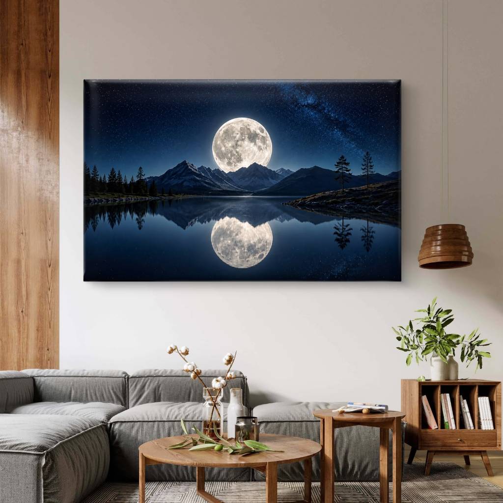 Quadro Decorativo em Canvas 110x70 Lua Cheia Montanhas Lago Paisagem Noturna Natureza