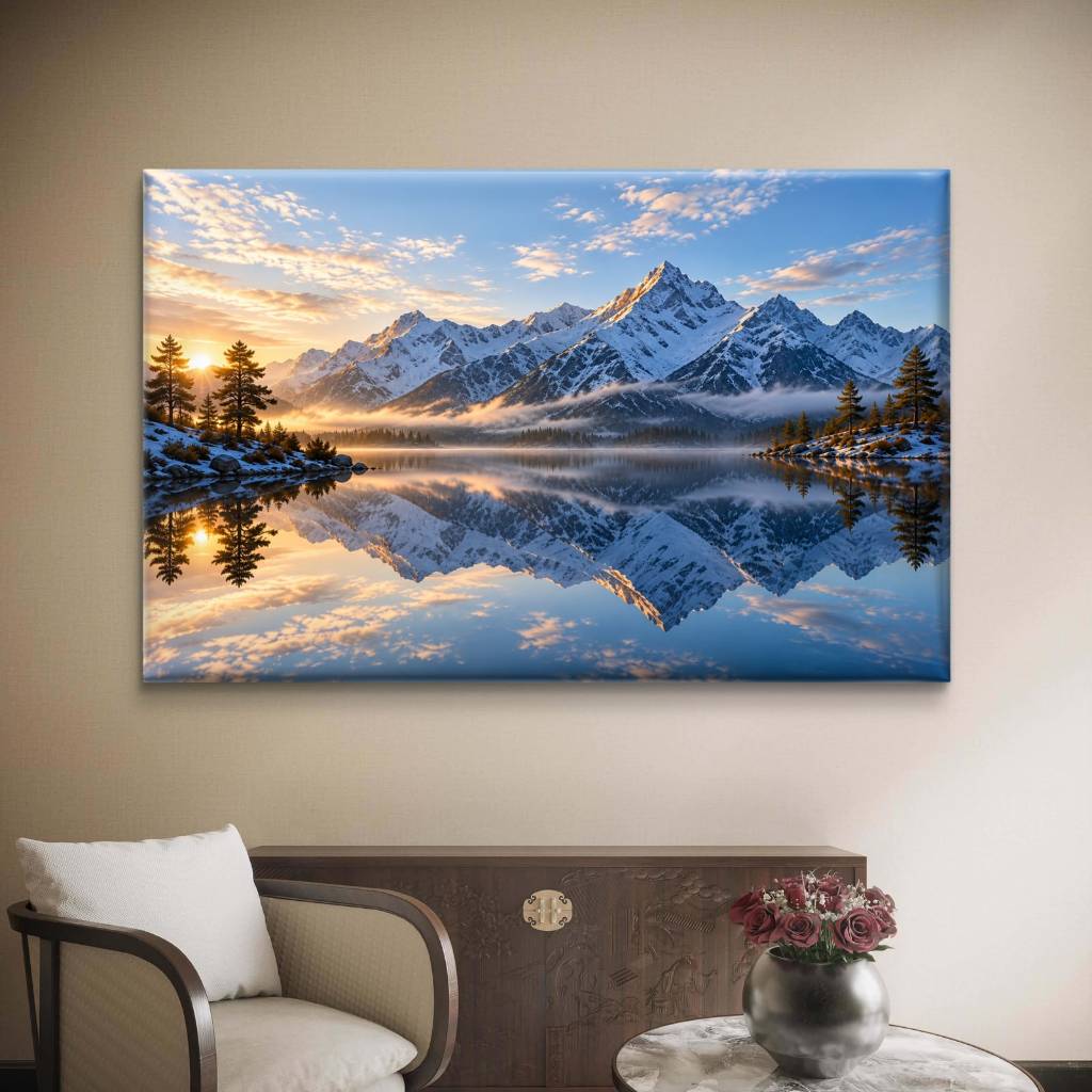 Quadro Decorativo Em Canvas 110x70 Paisagem Montanhas Nevadas Lago Pôr Do Sol Natureza
